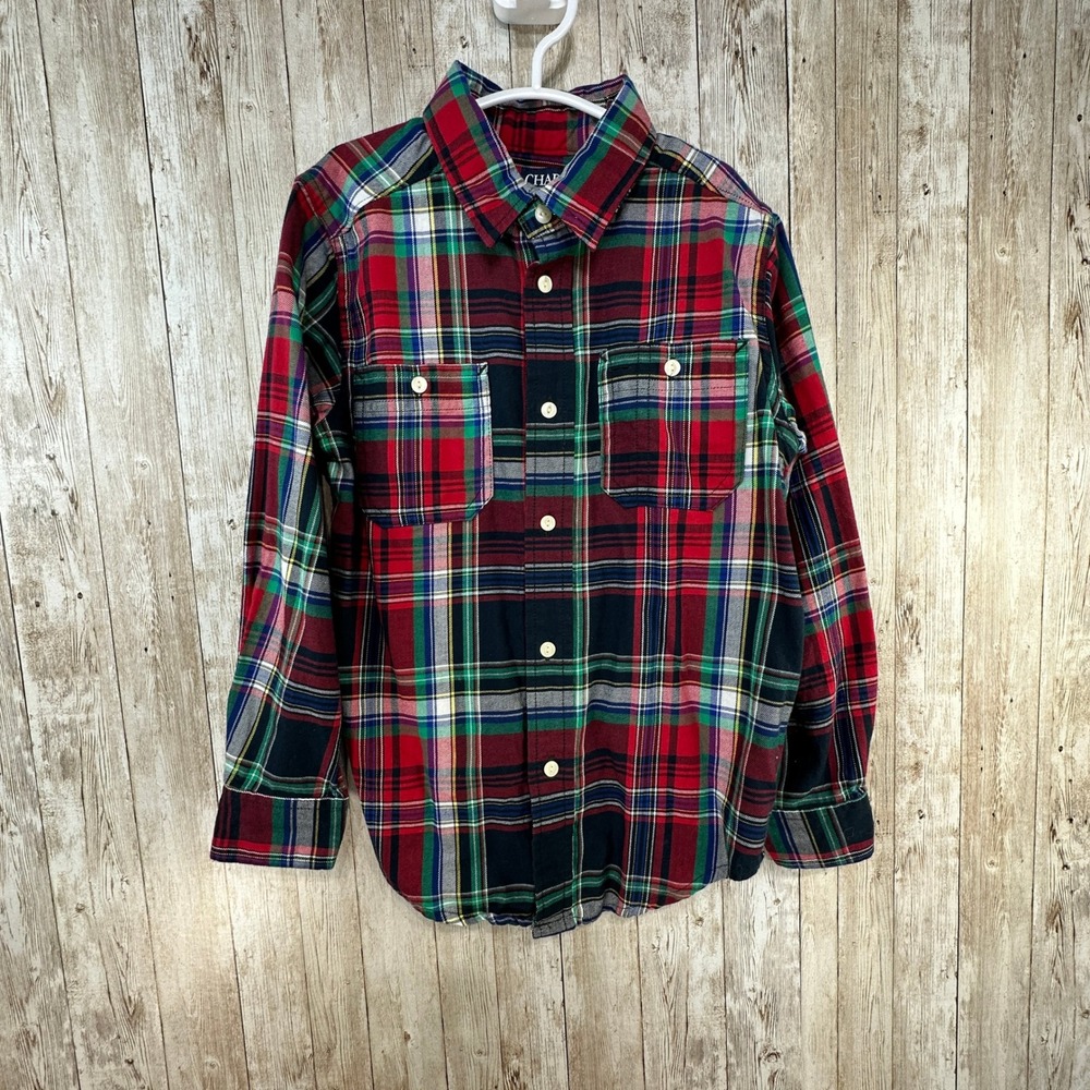 Chaps Kids Boys Red Blue Green Plaid Button Down Shirt Size 6 Cotton Holiday